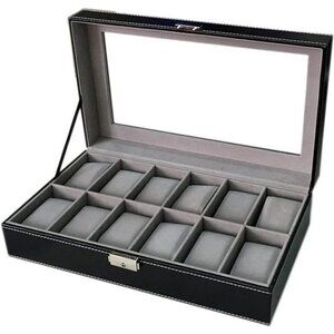 Mens Watch Display Case Black Leather Organizer with Glass Top Holds 12 Watches